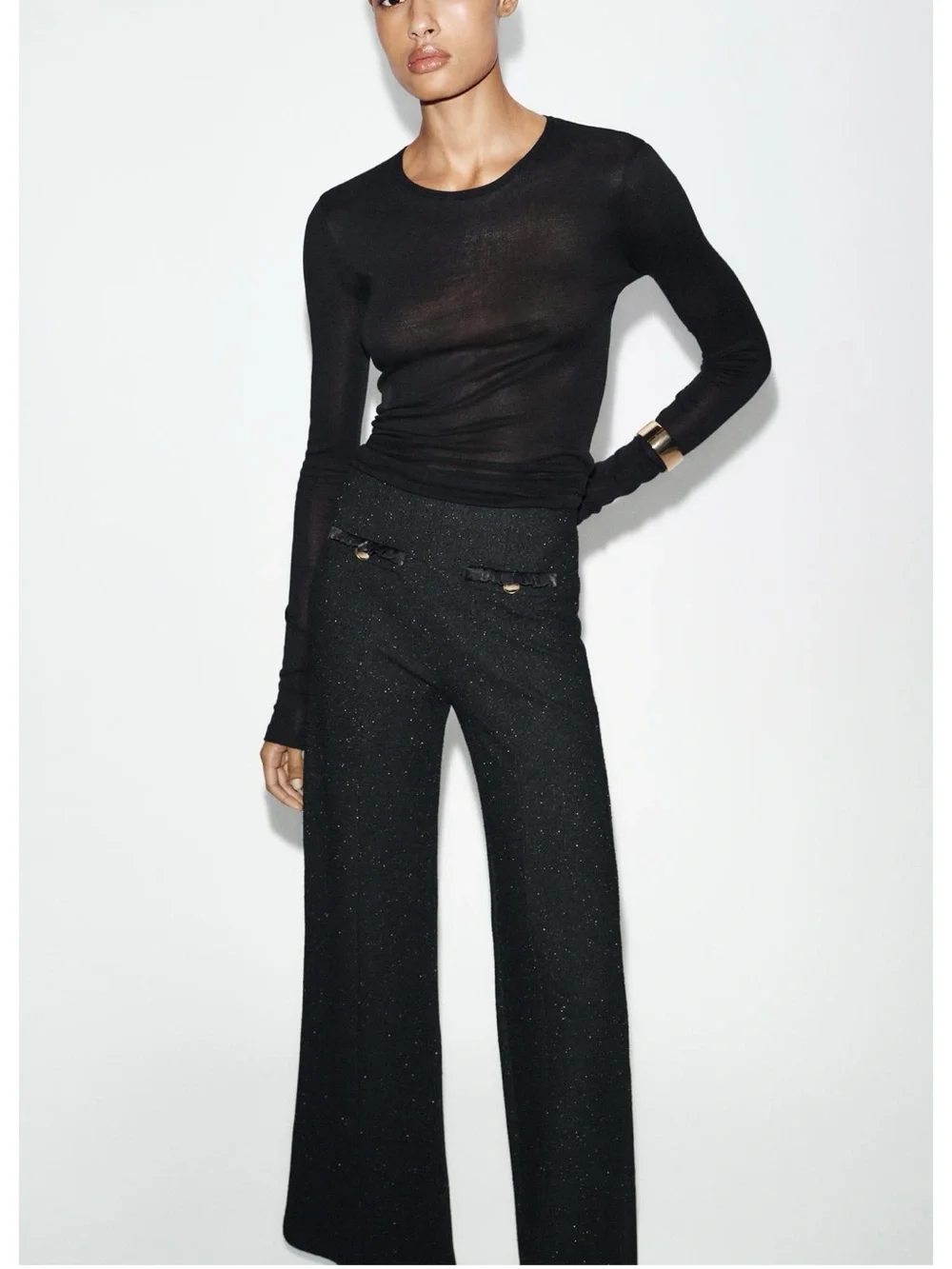 Zara NWT Black gold metallic thread Wide-Leg gold button Pants
